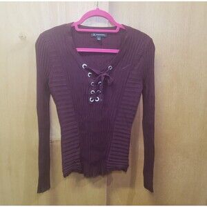 INC International Concepts INC Lace-Up Ribbed-Knit Sweater Burgundy Sz S